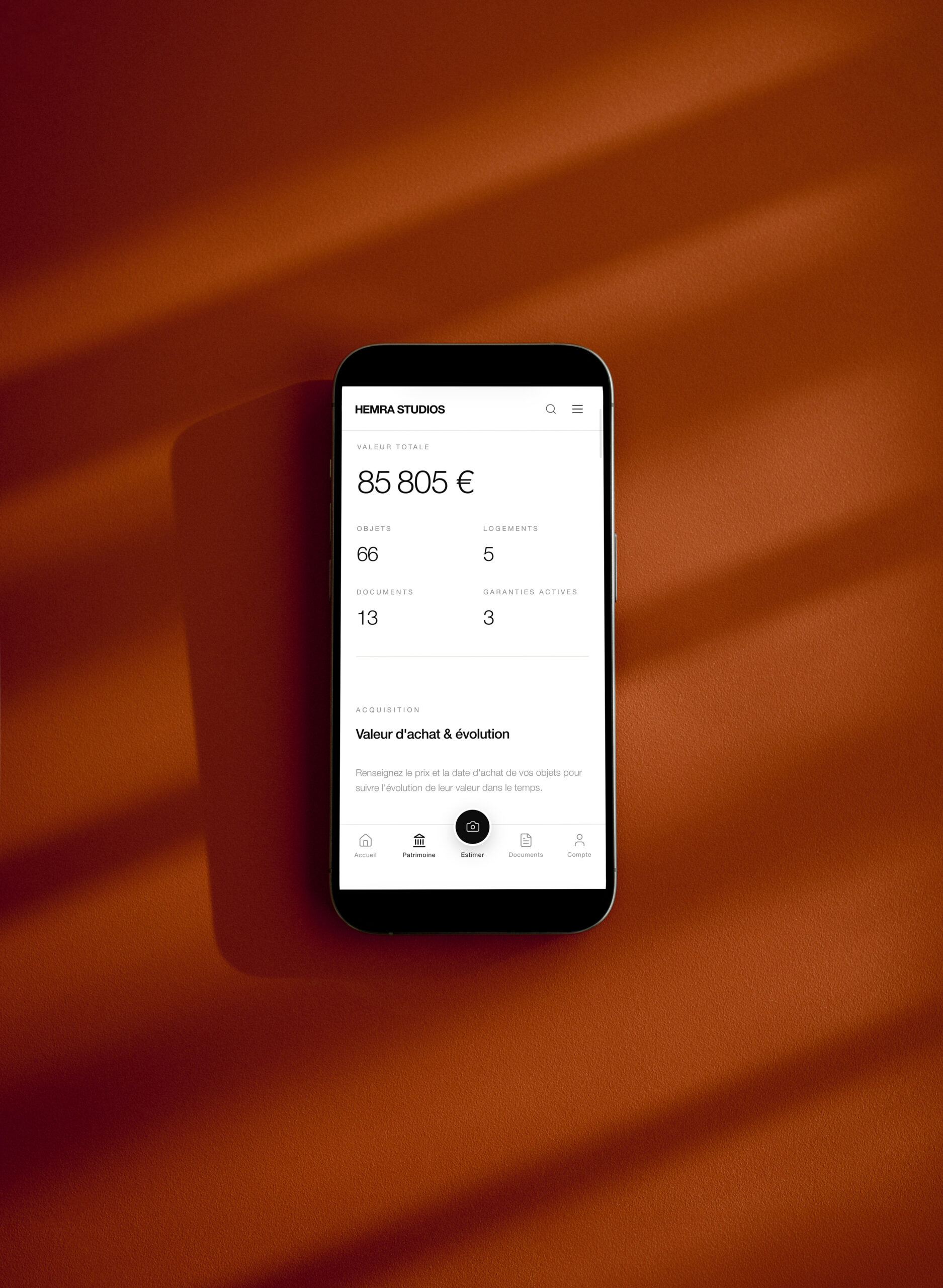 Application Hemra Studios d’inventaire numérique affichée sur smartphone