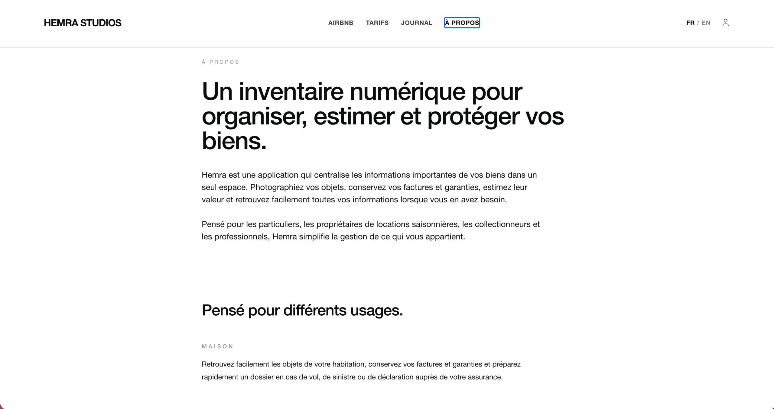 Écran de l’application Hemra Studios pour organiser et consulter un inventaire numérique