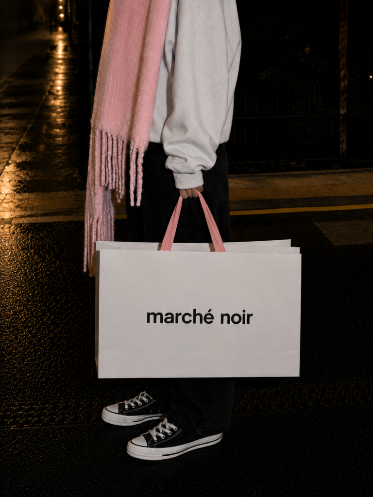 Personne portant un sac Marché Noir blanc aux anses roses dans une rue de Londres