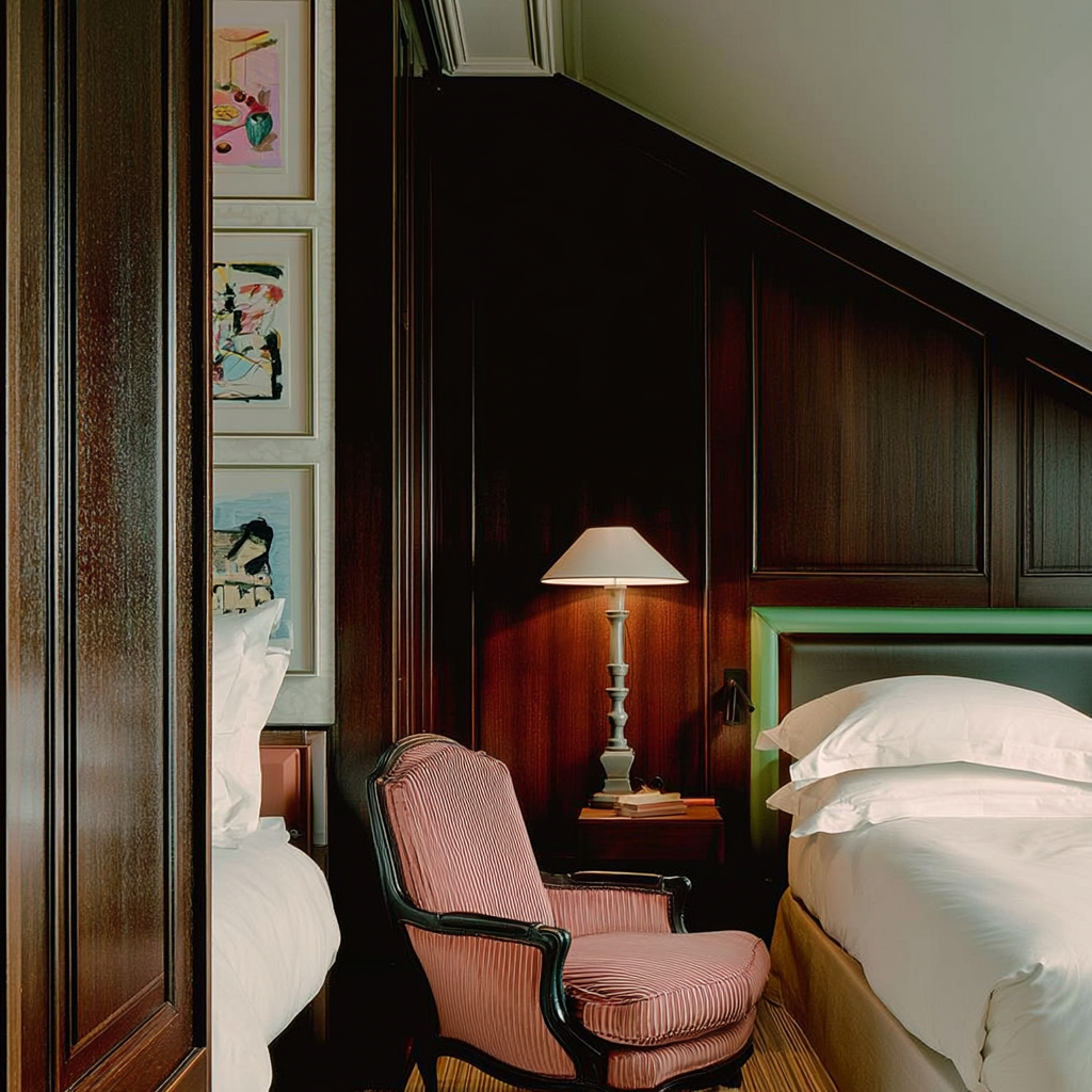Chambre d’hôtel avec boiseries foncées, fauteuil rose et linge de lit blanc