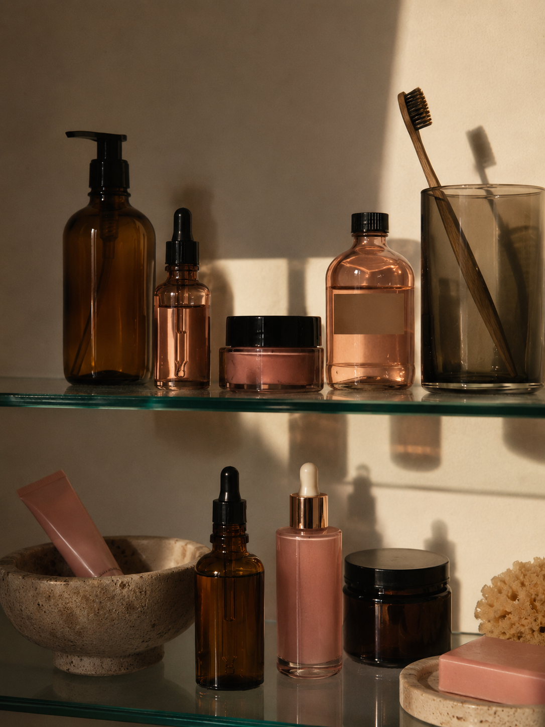 Produits de soin et flacons de beauté photographiés dans une salle de bain à la lumière naturelle