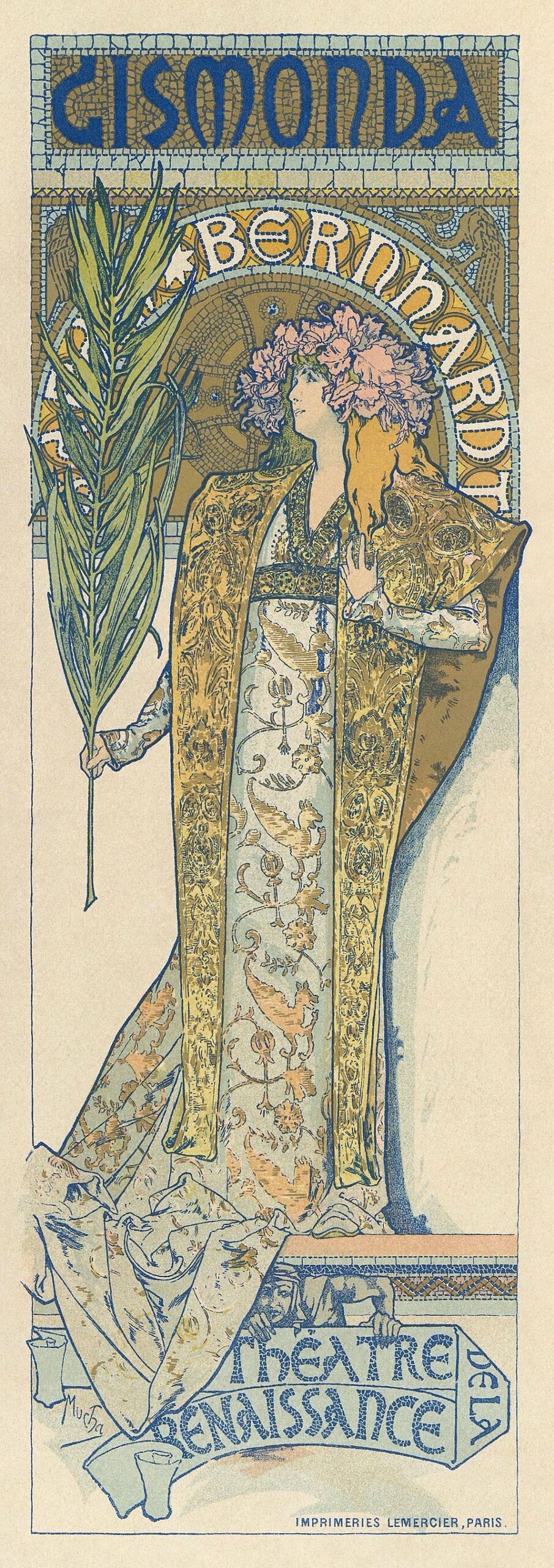 Sarah Bernhardt debout sous une arche ornementale dans l’affiche Gismonda d’Alphonse Mucha, conçue en 1894.