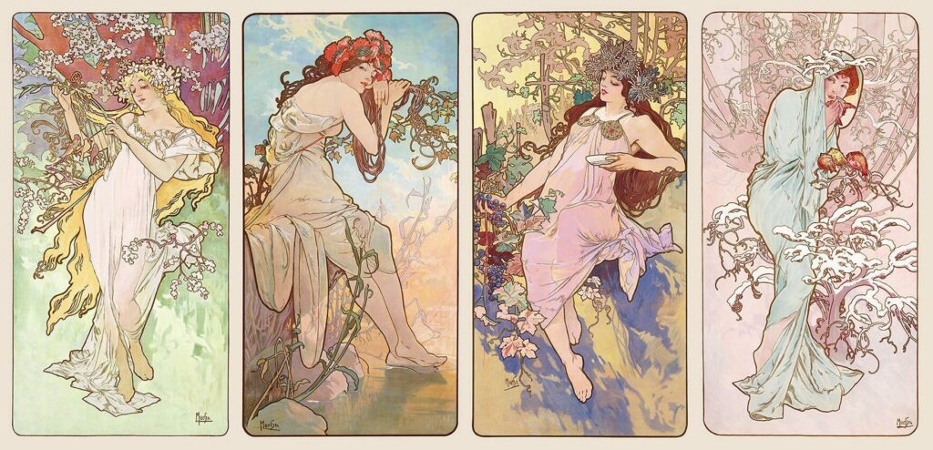 Les Saisons d’Alphonse Mucha : quatre figures féminines entourées de végétation, lithographies de 1896.
