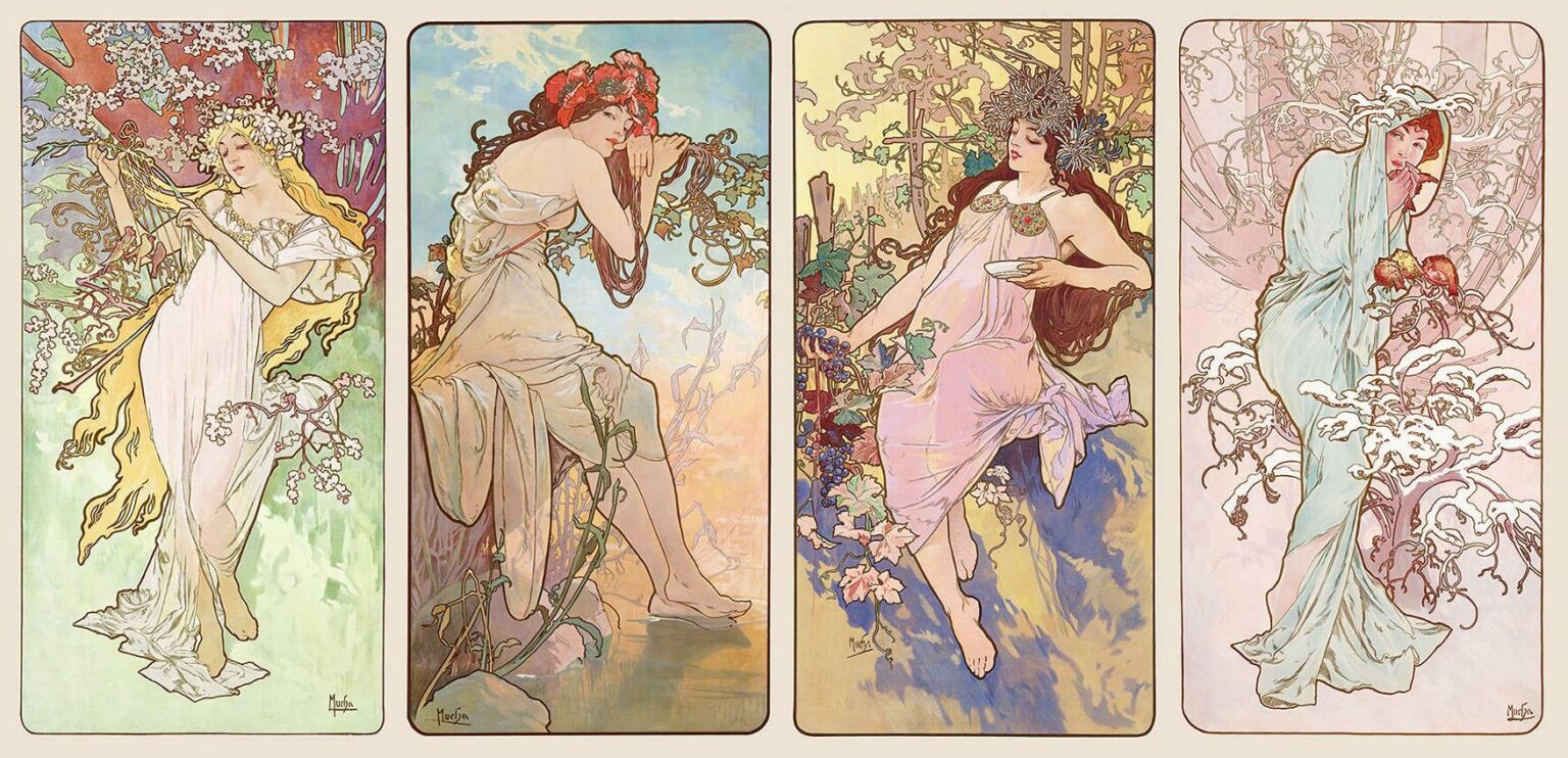 Les Saisons d’Alphonse Mucha : quatre figures féminines entourées de végétation, lithographies de 1896.