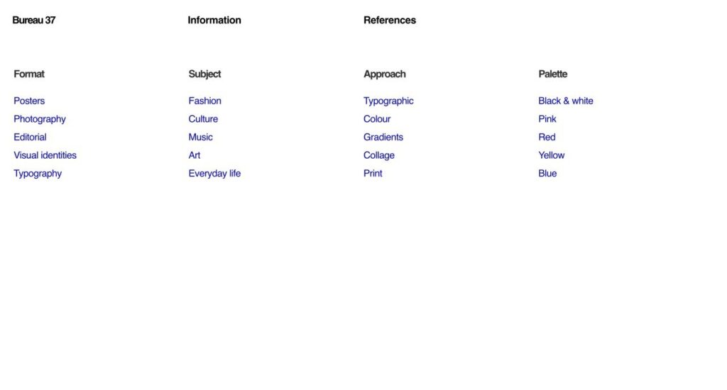 Index de Bureau 37 classant des références visuelles par format, sujet et couleur