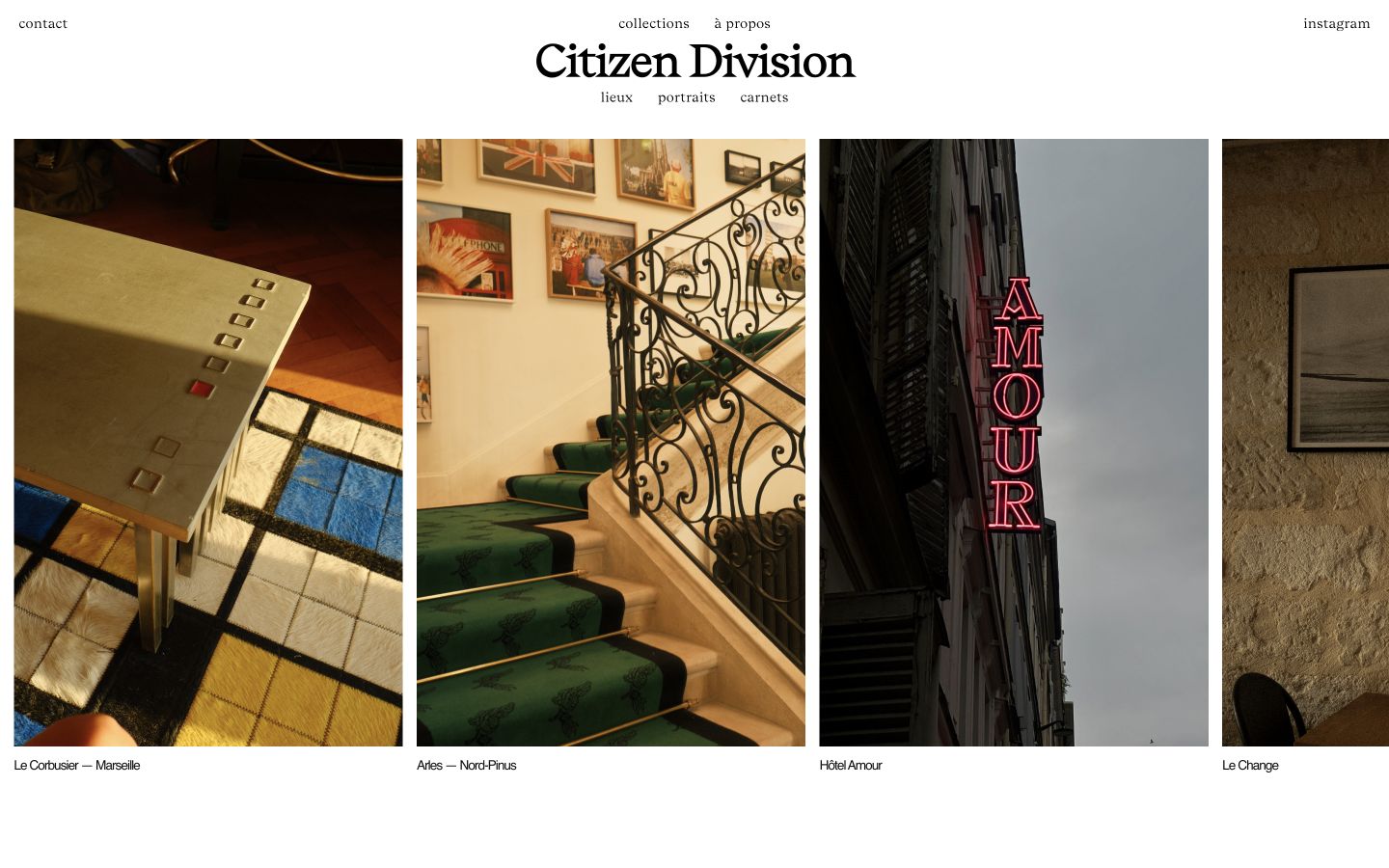 Page Collections de Citizen Division : navigation par lieux, portraits et carnets et grandes photographies.