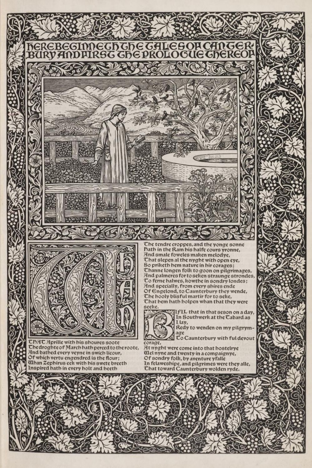 Page du Kelmscott Chaucer de 1896, avec illustration d’Edward Burne-Jones, lettrines et bordures végétales.